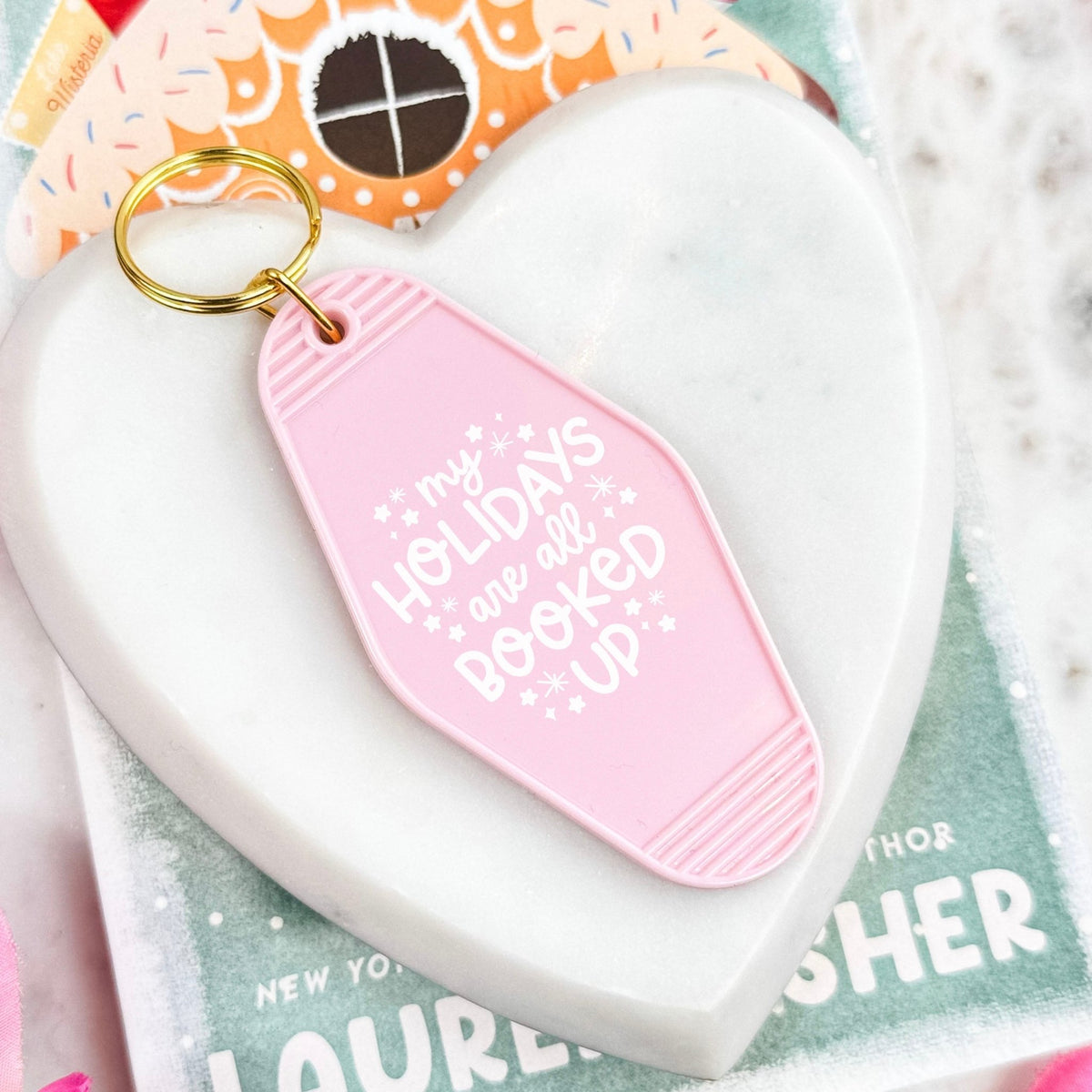 My Holidays Are All Booked Up Keychain – Festive Bookish Motel Keychain for Readers - Starry Skies Austin