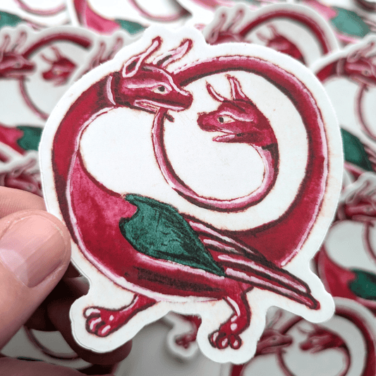 Mythic Twin-Headed Dragon Sticker - Crimson Ouroboros Art Decal - Mystical Creature Vinyl Sticker - Starry Skies Austin