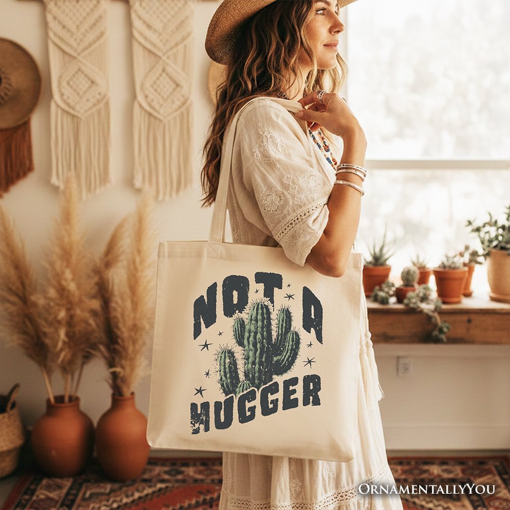 Not a Hugger Tote Bag With Cactus, Funny Retro Gift Shopper for Sarcastic Girls - Starry Skies Austin