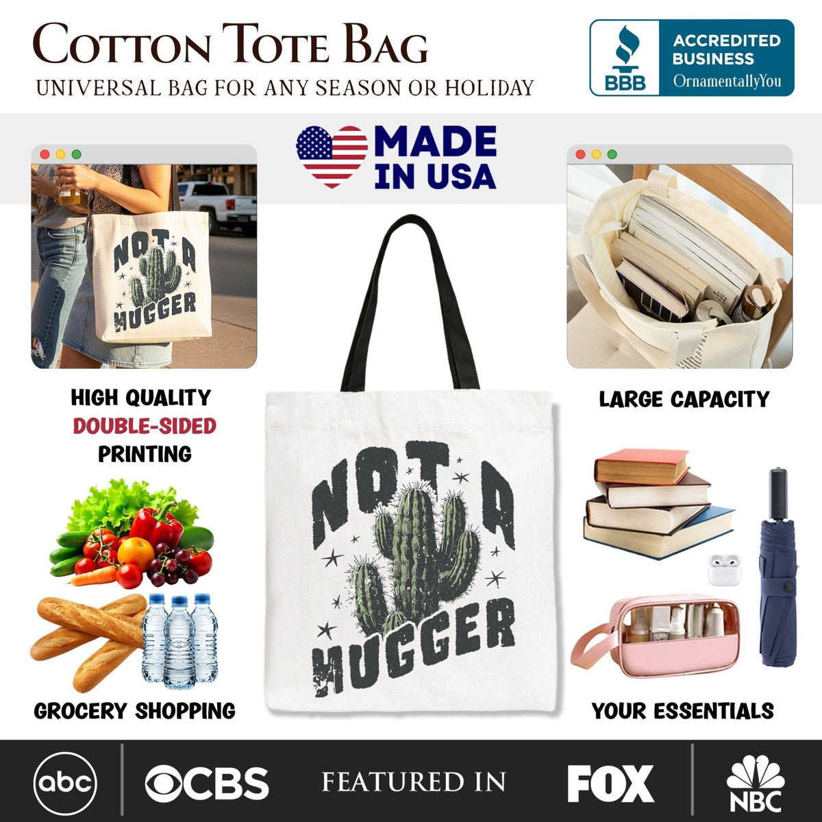 Not a Hugger Tote Bag With Cactus, Funny Retro Gift Shopper for Sarcastic Girls - Starry Skies Austin