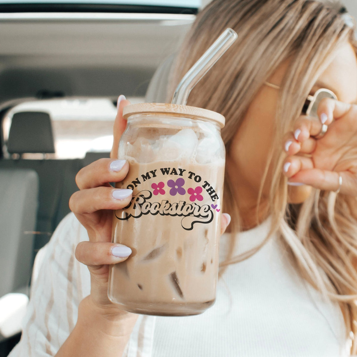 On My Way to the Bookstore Clear Glass Cup with Bamboo Lid and Straw | Bookish Drinkware for Bibliophiles - Starry Skies Austin