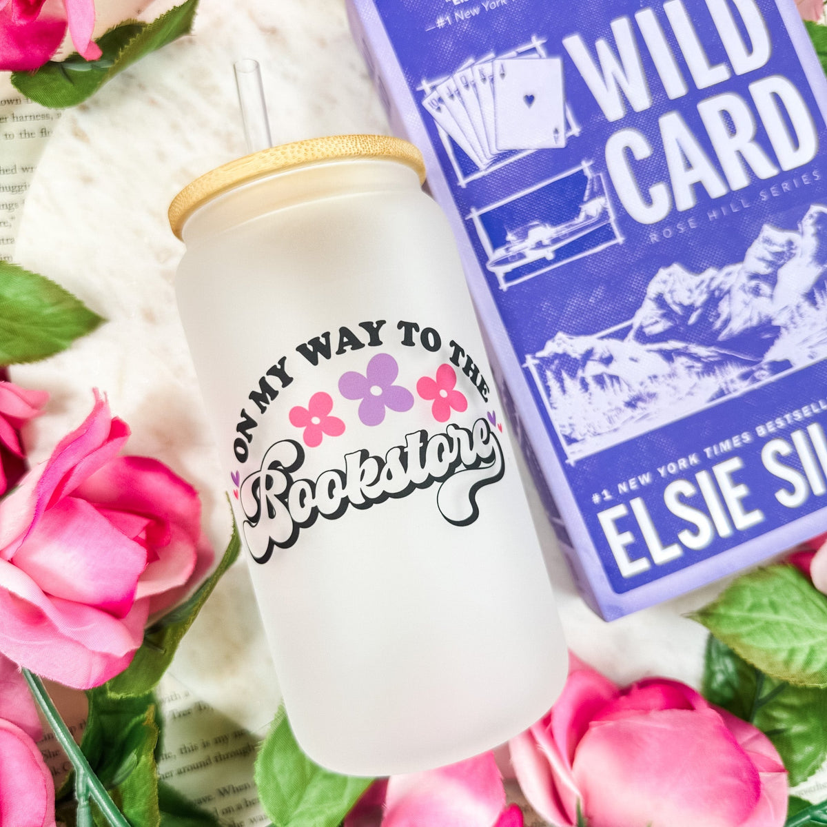On My Way to the Bookstore Frosted Glass Cup with Bamboo Lid and Straw – Perfect for Bookstore Adventures - Starry Skies Austin