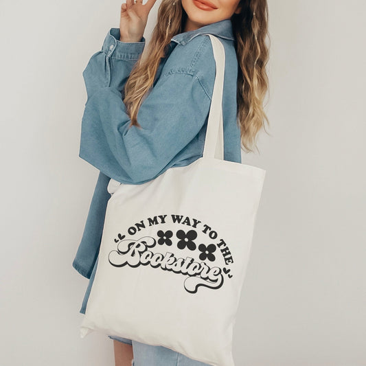 On My Way to the Bookstore Tote Bag - Bookish Canvas Bag for Bookstore Adventures - Starry Skies Austin
