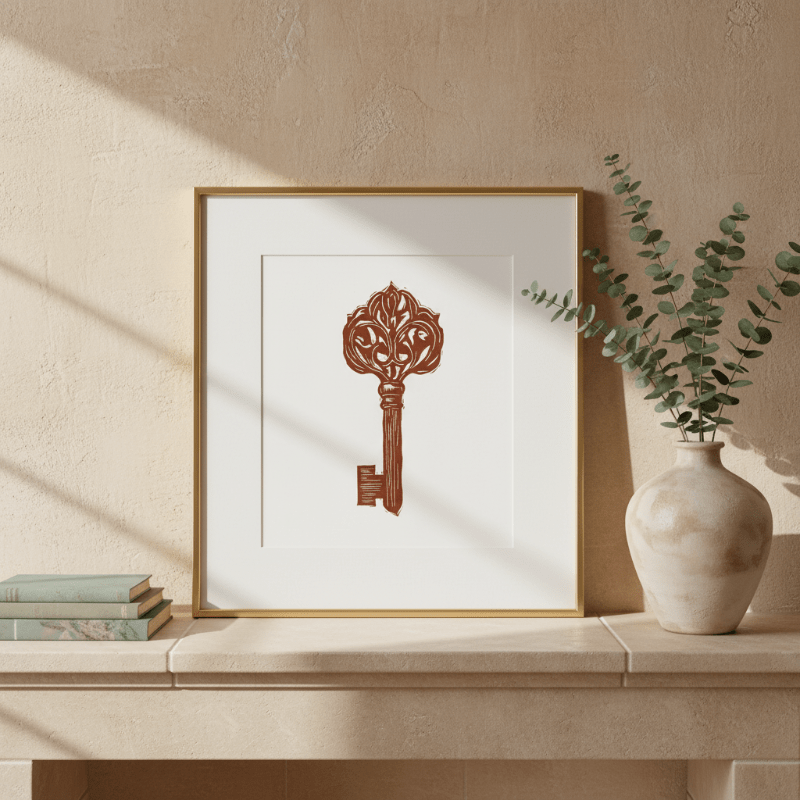 Ornate Key Linocut Original 5x7 Collector Print - Starry Skies Austin