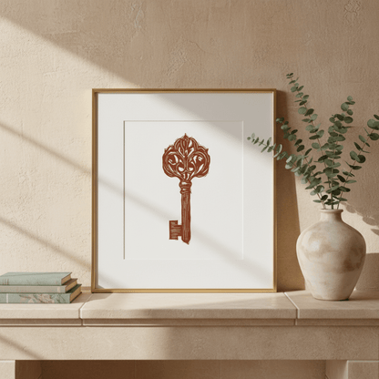 Ornate Key Linocut Original 5x7 Collector Print - Starry Skies Austin