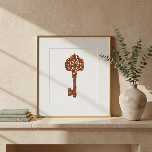 Ornate Key Linocut Original 5x7 Collector Print - Starry Skies Austin