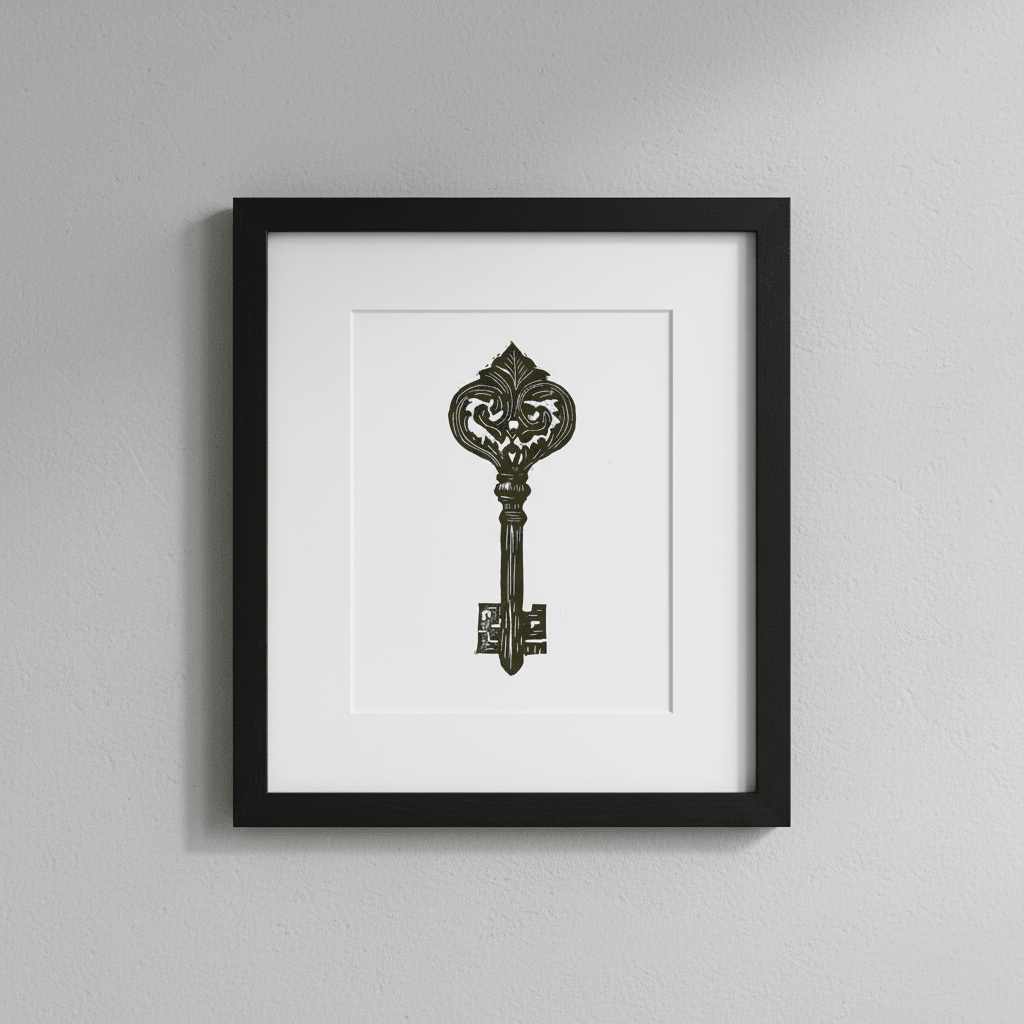 Ornate Medieval Key Linocut Original 5x7 Collector - Starry Skies Austin