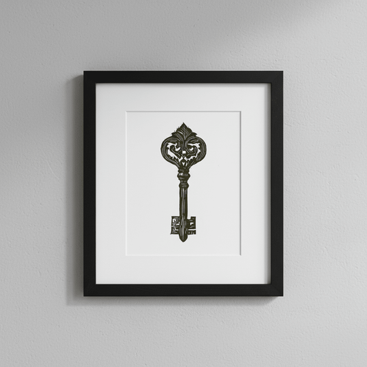 Ornate Medieval Key Linocut Original 5x7 Collector - Starry Skies Austin