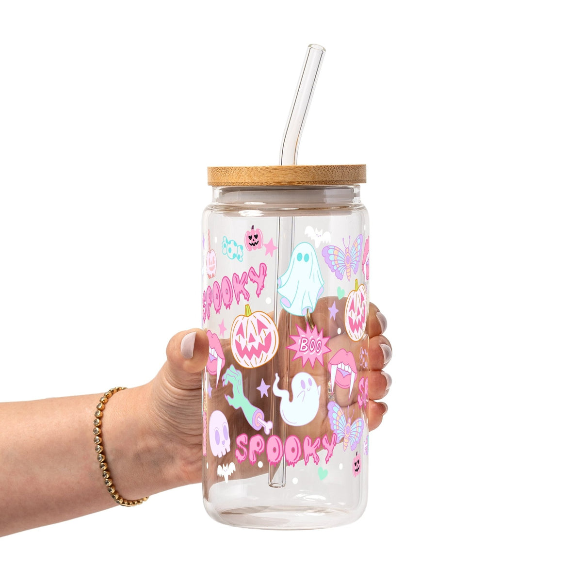 Pastel Pink Halloween Glass Cup, Mug & Tumbler with Lid and Straw - Starry Skies Austin