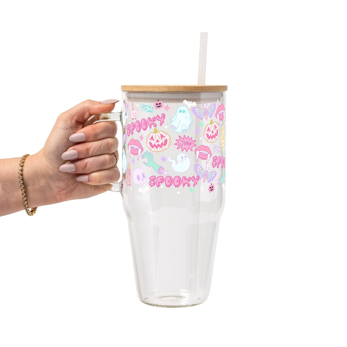 Pastel Pink Halloween Glass Cup, Mug & Tumbler with Lid and Straw - Starry Skies Austin