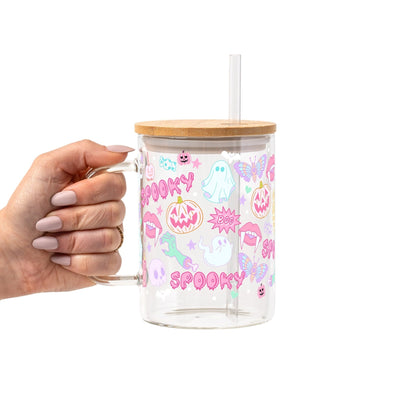 Pastel Pink Halloween Glass Cup, Mug & Tumbler with Lid and Straw - Starry Skies Austin