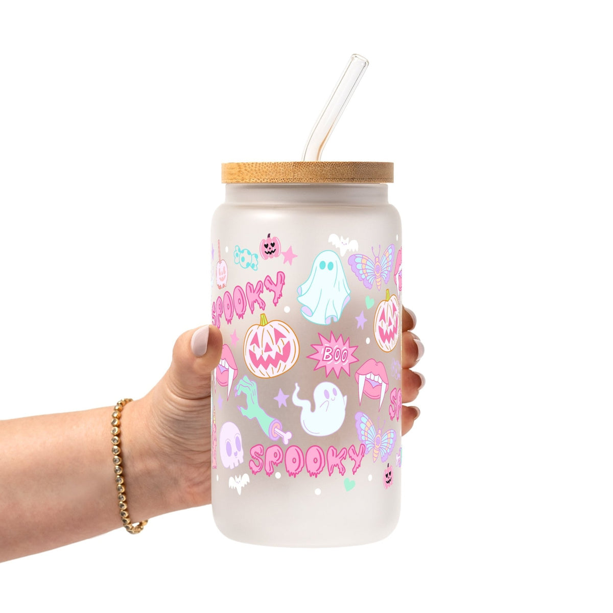 Pastel Pink Halloween Glass Cup, Mug & Tumbler with Lid and Straw - Starry Skies Austin