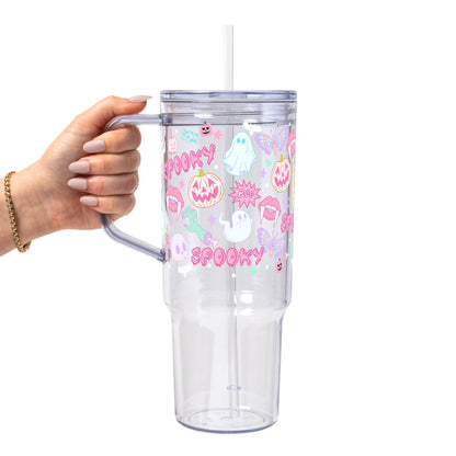 Pastel Pink Halloween Glass Cup, Mug & Tumbler with Lid and Straw - Starry Skies Austin
