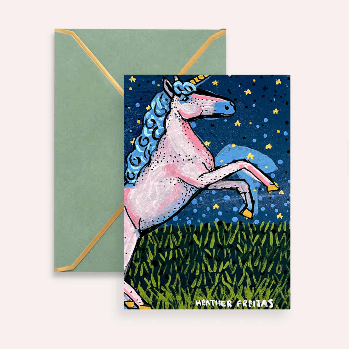 Pink Unicorn Starry Night Fine Art Greeting Card - Starry Skies Austin