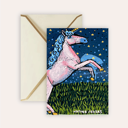 Pink Unicorn Starry Night Fine Art Greeting Card - Starry Skies Austin