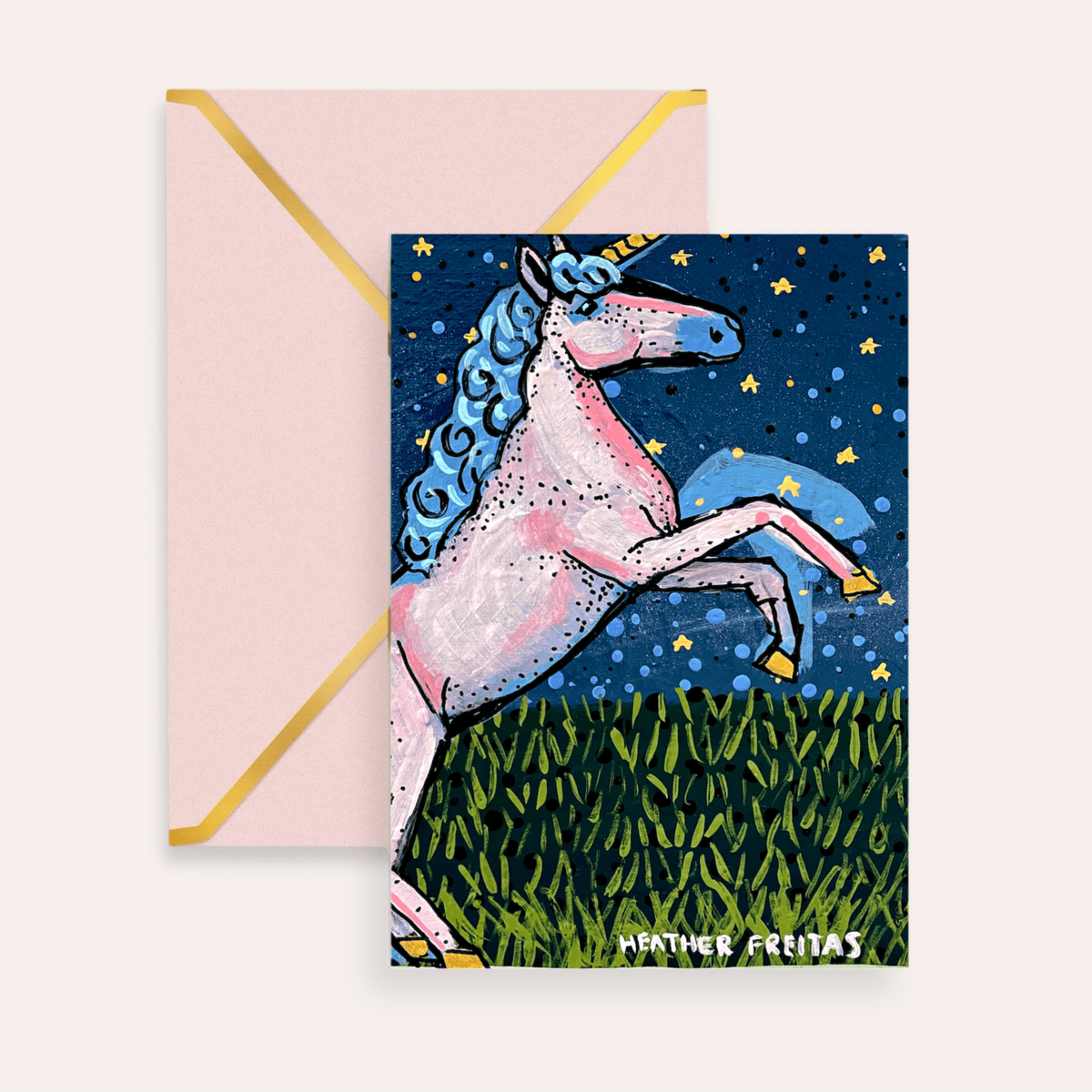 Pink Unicorn Starry Night Fine Art Greeting Card - Starry Skies Austin