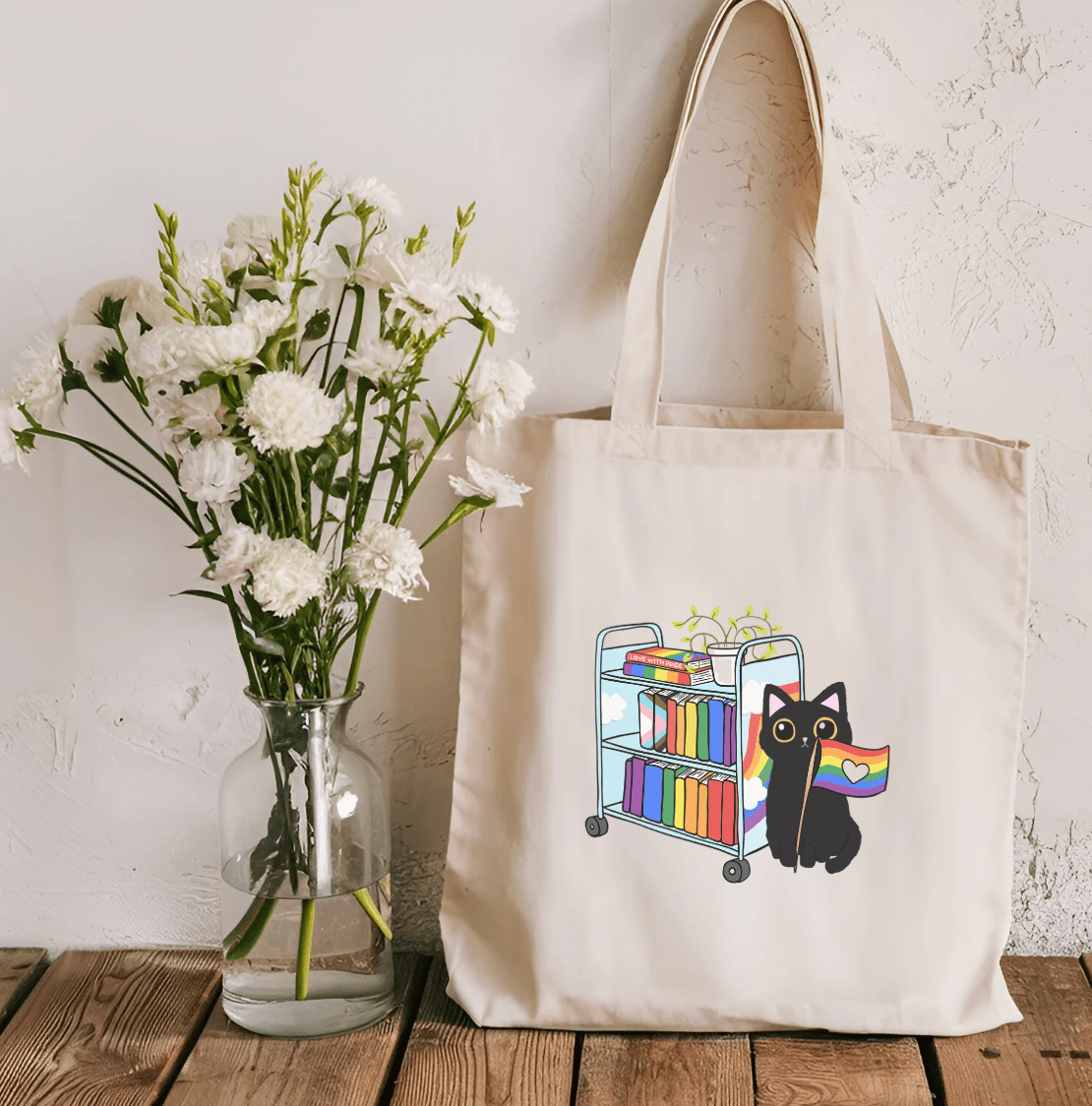 Pride Cat Library Cart Sublimated Canvas Tote Bag - Starry Skies Austin