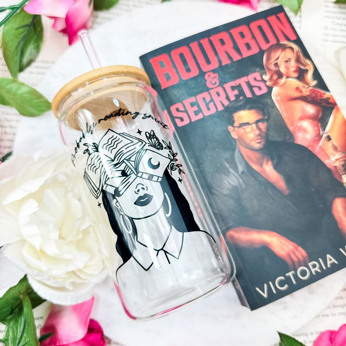 Probably Reading Smut" Clear Glass Cup | Bamboo Lid Tumbler with Reusable Straw Options for Book Lovers - Starry Skies Austin