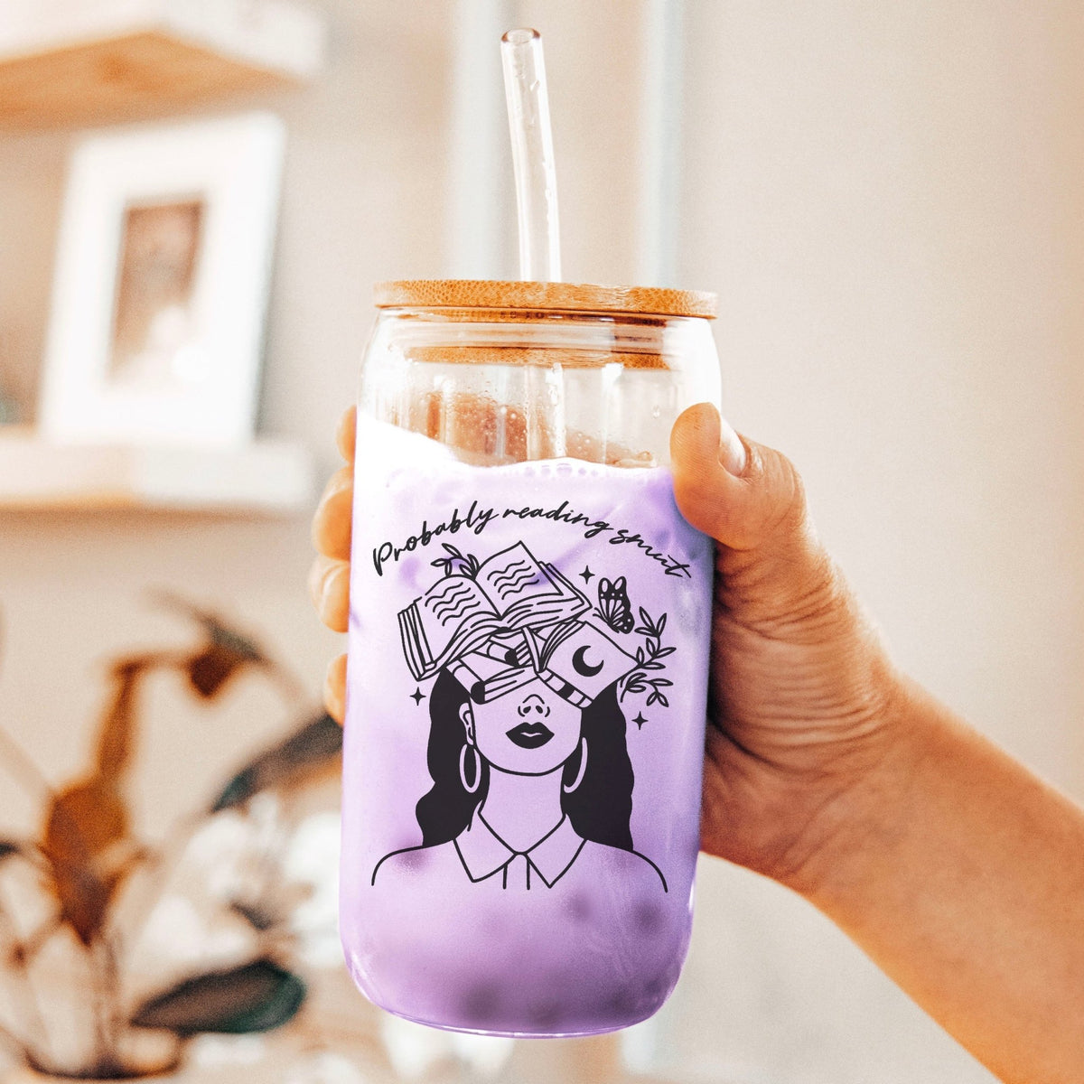 Probably Reading Smut" Clear Glass Cup | Bamboo Lid Tumbler with Reusable Straw Options for Book Lovers - Starry Skies Austin
