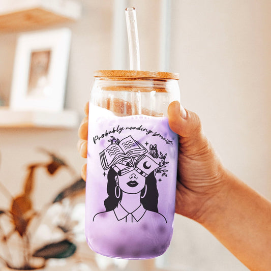 Probably Reading Smut" Clear Glass Cup | Bamboo Lid Tumbler with Reusable Straw Options for Book Lovers - Starry Skies Austin