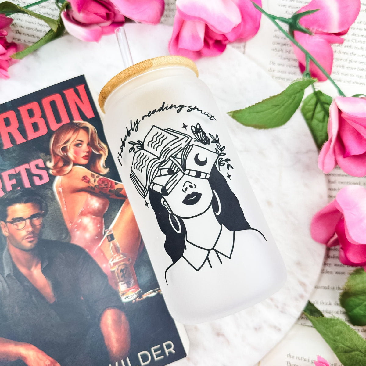 Probably Reading Smut" Frosted Glass Cup | Bookish Bamboo Lid Tumbler with Optional Pink or Black Straw - Starry Skies Austin