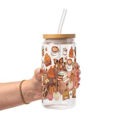 Pumpkin Spice Fall Glass Cup, Mug & Tumbler with Lid and Straw - Starry Skies Austin