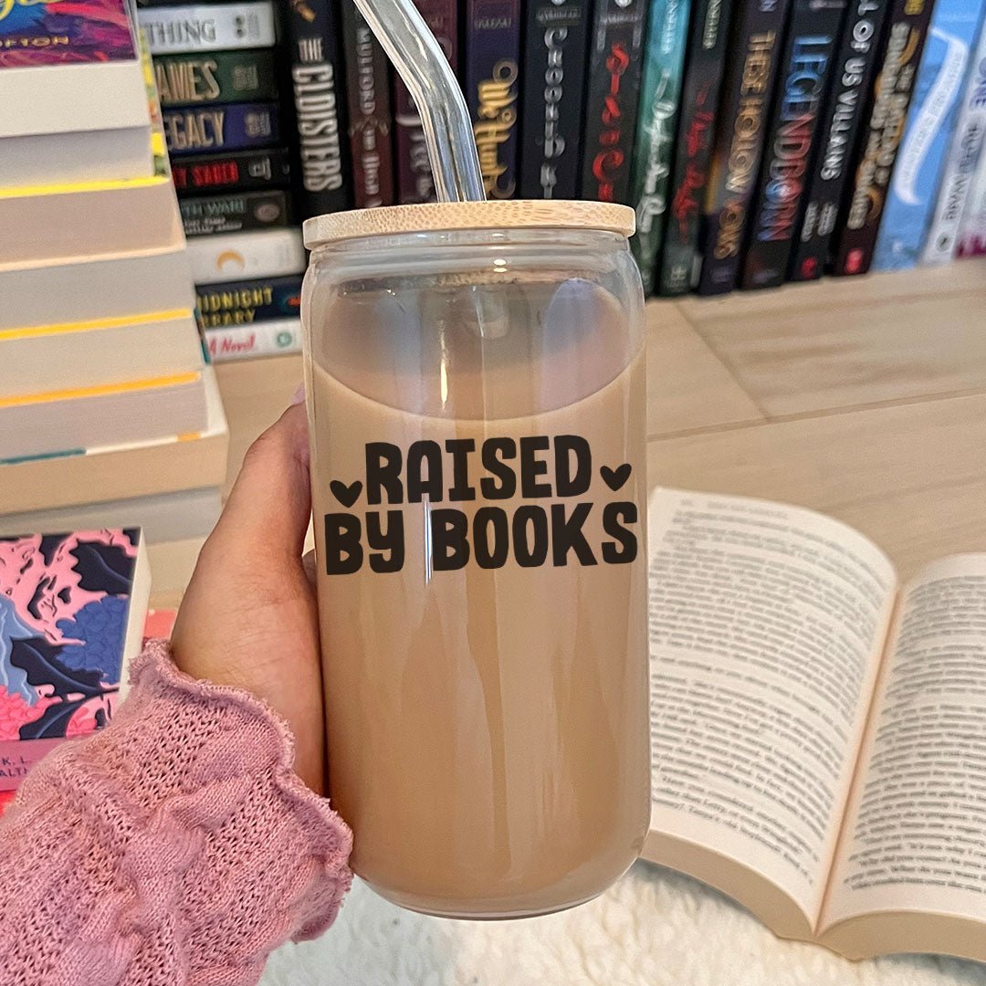 Raised By Books Clear Glass Cup with Bamboo Lid & Straw - Starry Skies Austin