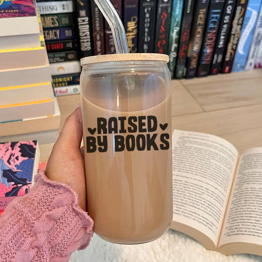 Raised By Books Clear Glass Cup with Bamboo Lid & Straw - Starry Skies Austin