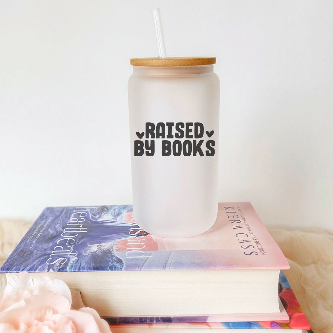 Raised By Books Frosted Glass Cup with Bamboo Lid & Straw - Starry Skies Austin