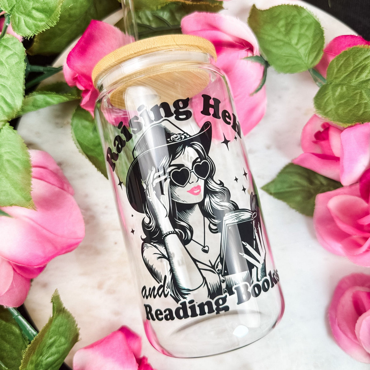 Raising Hell And Reading Books Clear Glass Cup with Bamboo Lid & Straw - Starry Skies Austin