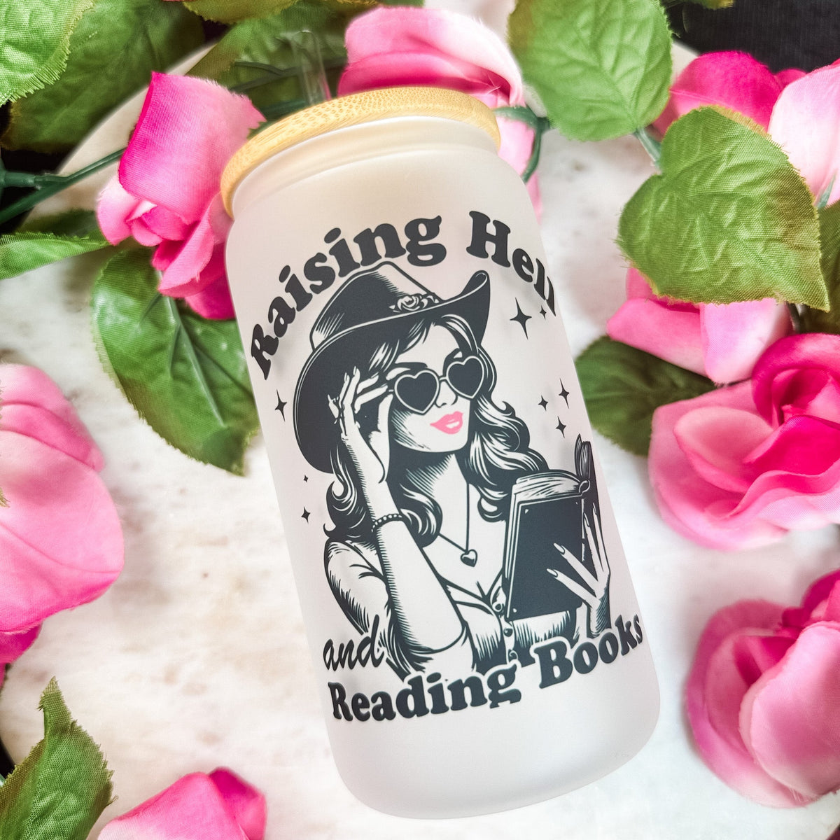 Raising Hell And Reading Books Frosted Glass Cup with Bamboo Lid & Straw - Starry Skies Austin