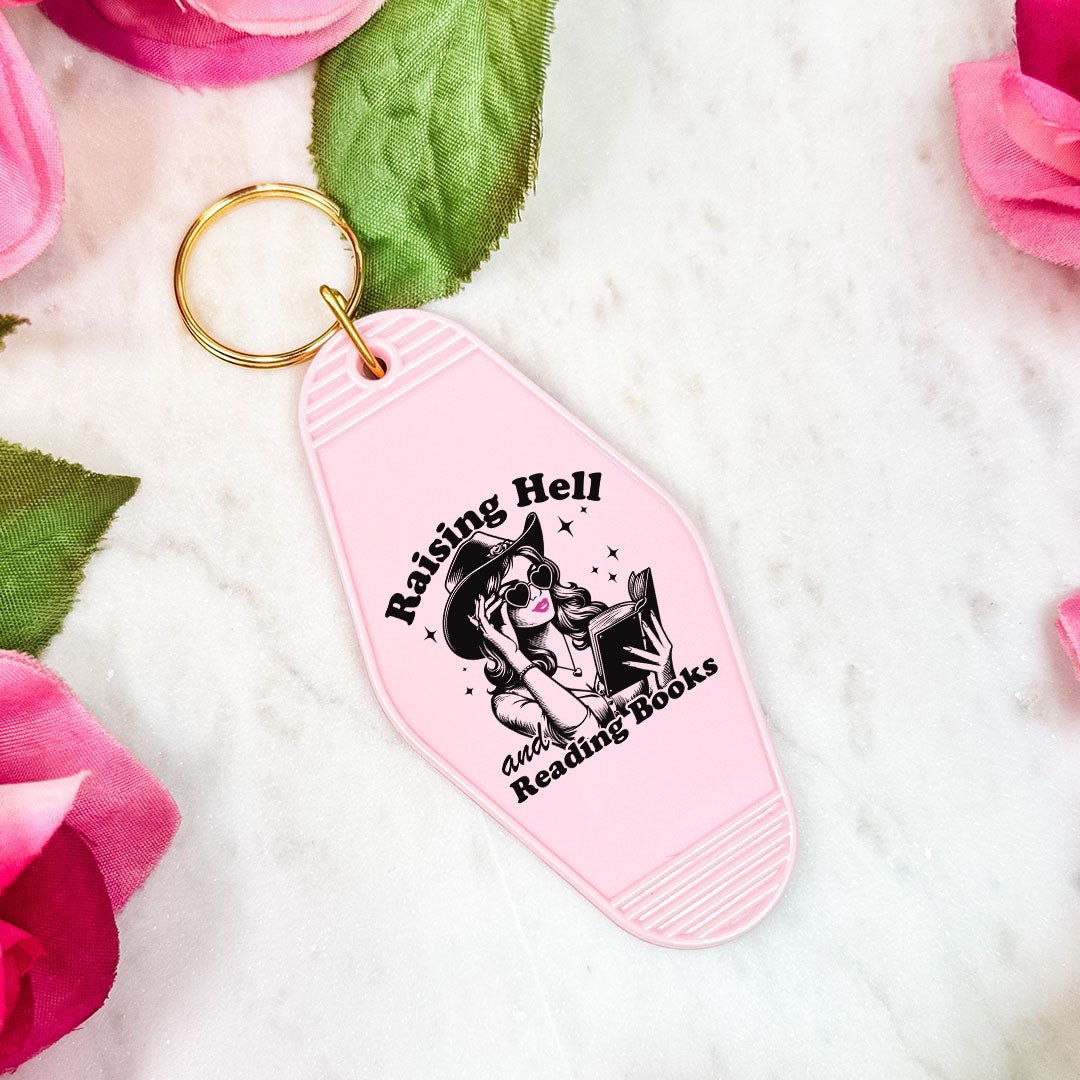 Raising Hell And Reading Books Retro Motel Keychain - Starry Skies Austin