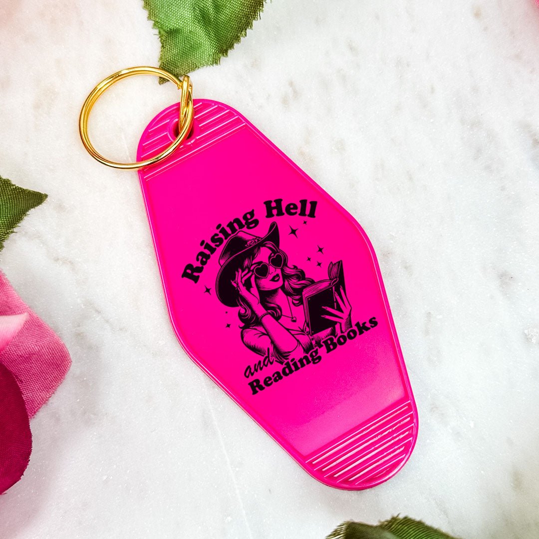 Raising Hell And Reading Books Retro Motel Keychain - Starry Skies Austin