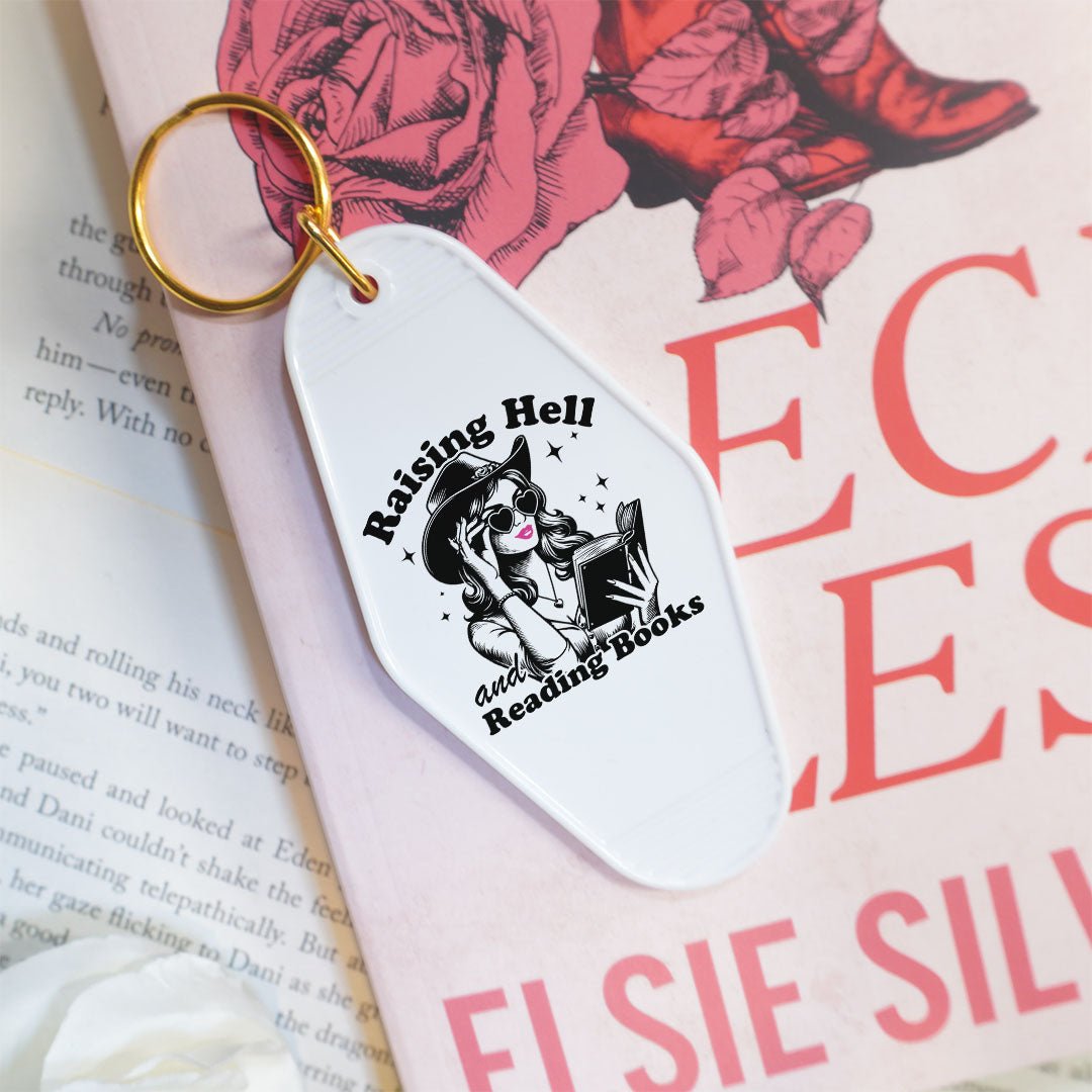 Raising Hell And Reading Books Retro Motel Keychain - Starry Skies Austin