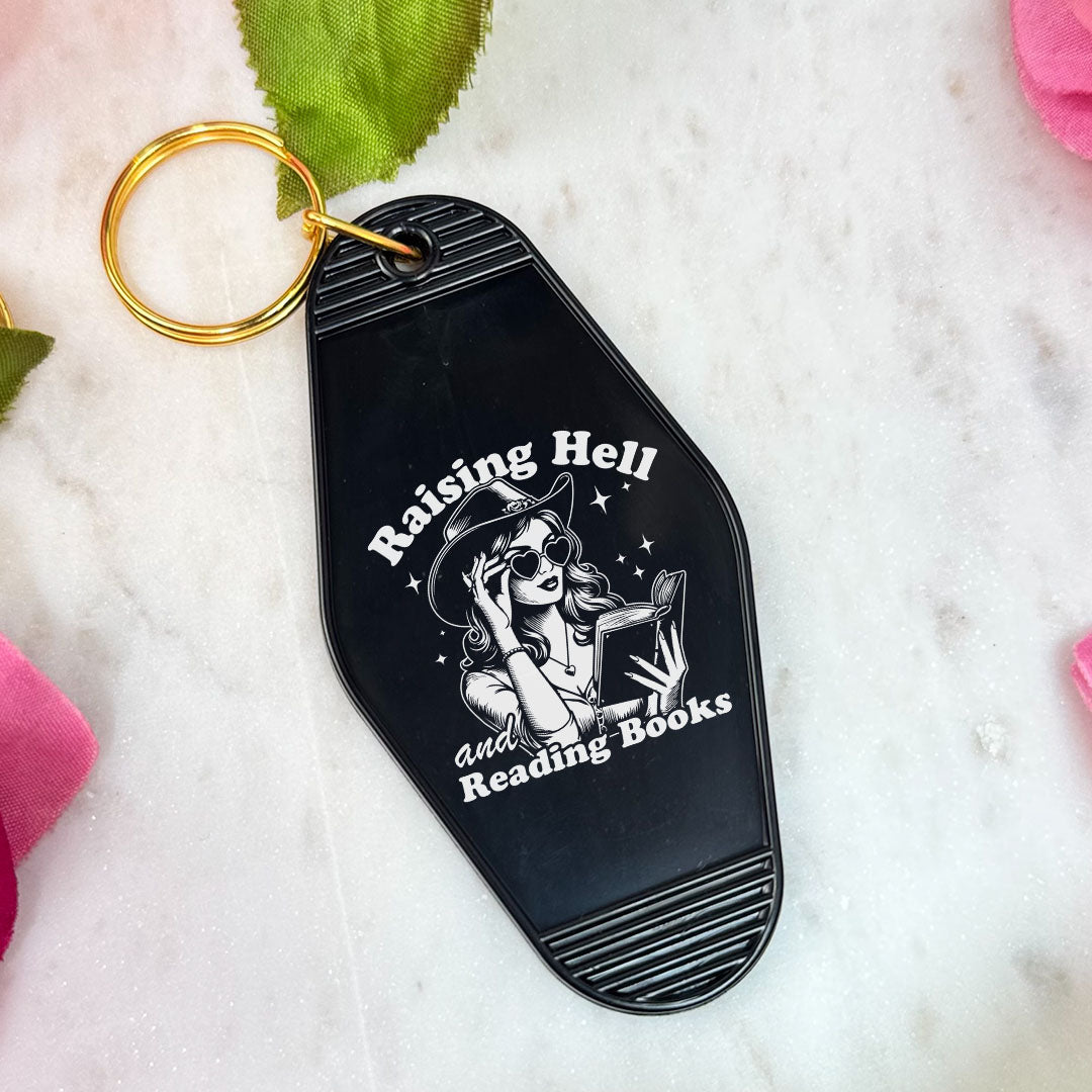 Raising Hell And Reading Books Retro Motel Keychain - Starry Skies Austin