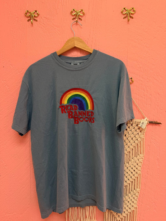 “Read Banned Books” Rainbow Embroidered Shirt - Starry Skies Austin