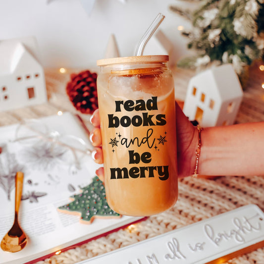 Read Books and Be Merry Clear Glass Cup With Bamboo Lid And Straw - Starry Skies Austin