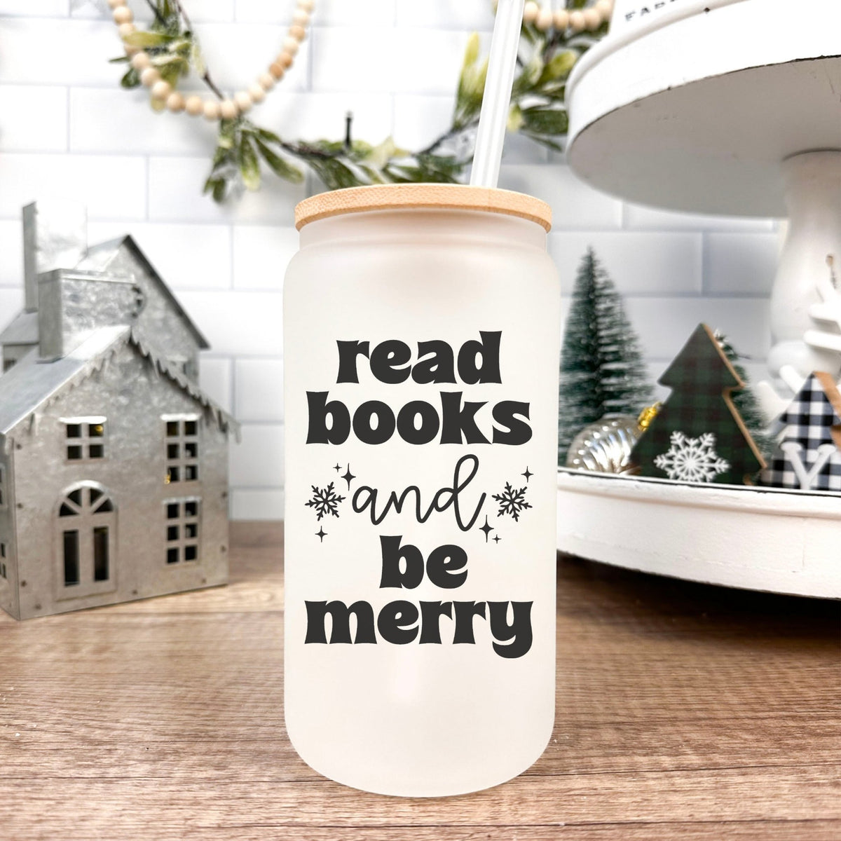 Read Books and Be Merry Frosted Glass Cup w/Bamboo Lid & Straw - Starry Skies Austin