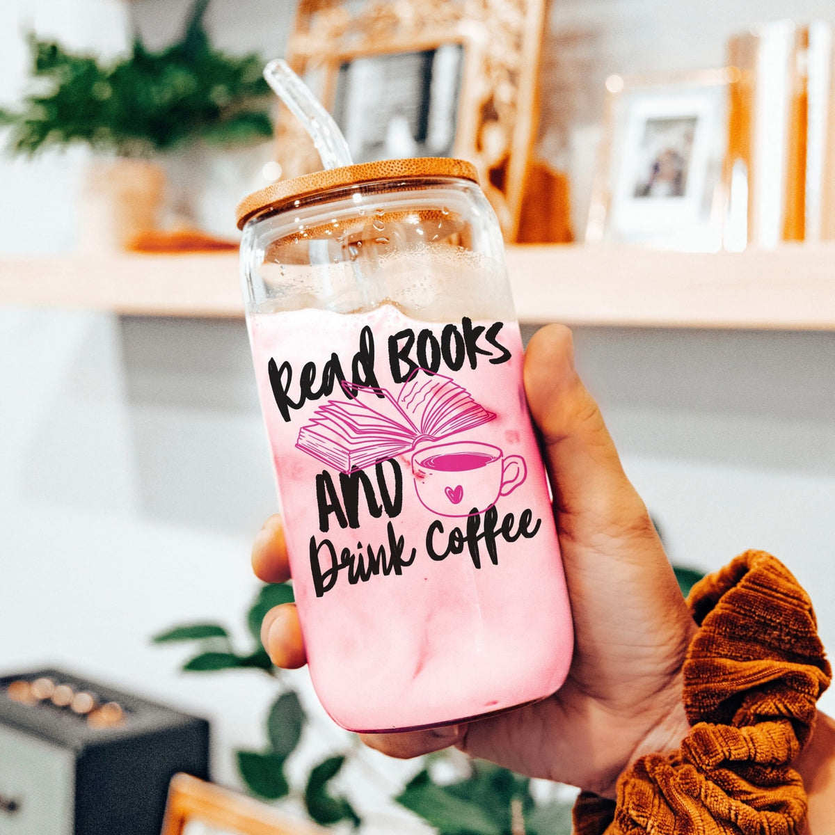 Read Books And Drink Coffee Clear Glass Cup With Bamboo Lid And Plastic Straw - Starry Skies Austin