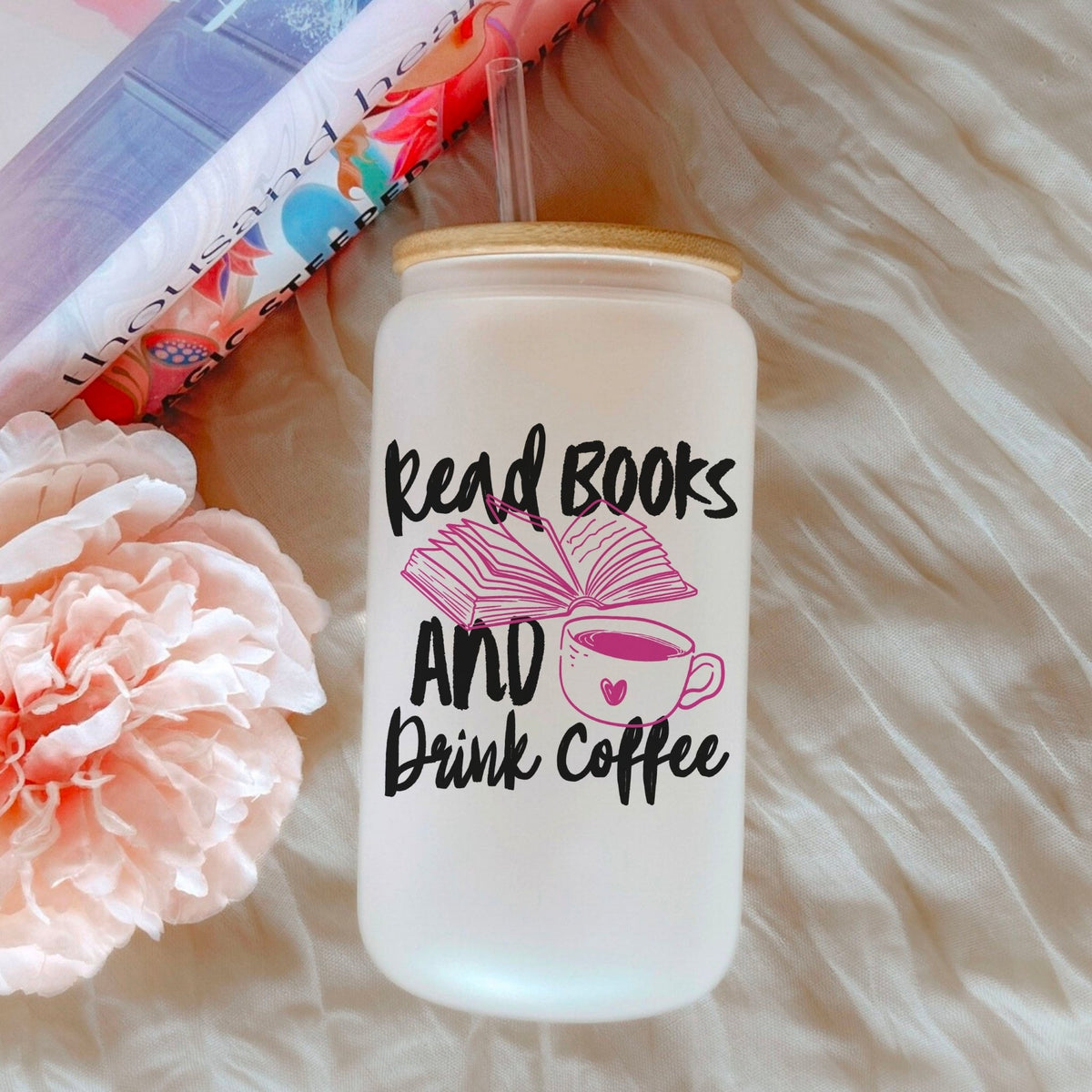 Read Books And Drink Coffee Frosted Glass Cup With Bamboo Lid And Plastic Straw - Starry Skies Austin