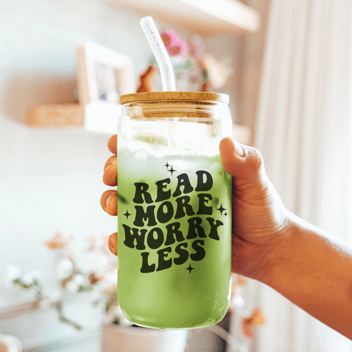 Read More Worry Less Clear Glass Cup with Bamboo Lid and Custom Straw Options for a Bookish and Eco-Friendly Gift - Starry Skies Austin