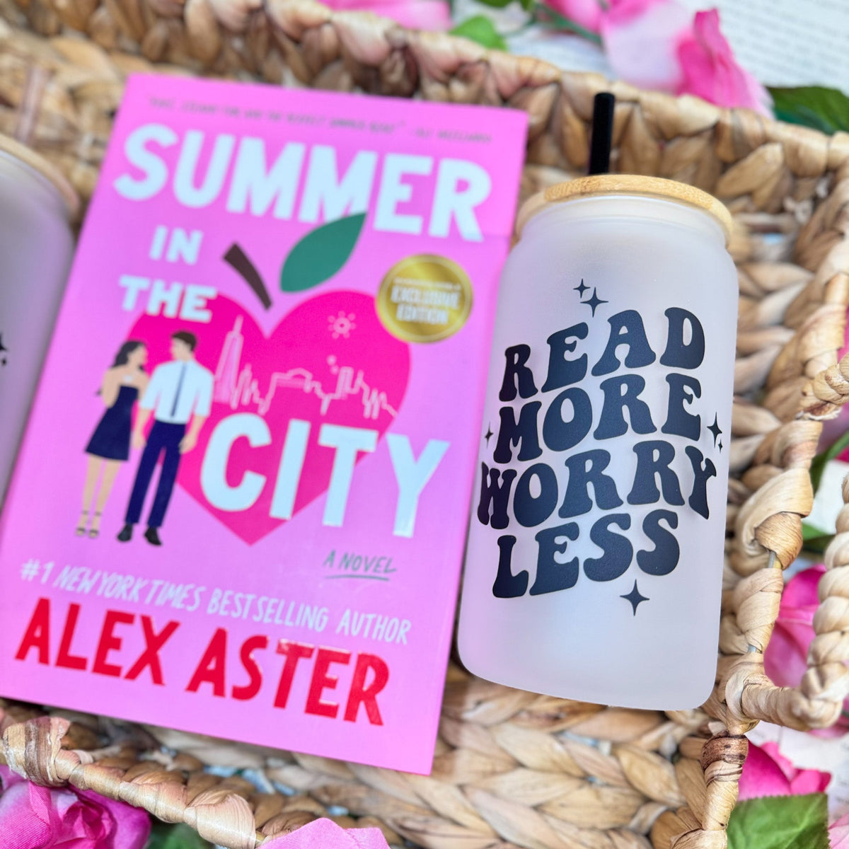 Read More Worry Less Frosted Glass Cup with Bamboo Lid and Reusable Straw | Perfect Bookish Drinkware for Readers - Starry Skies Austin