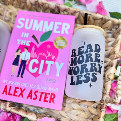 Read More Worry Less Frosted Glass Cup with Bamboo Lid and Reusable Straw | Perfect Bookish Drinkware for Readers - Starry Skies Austin