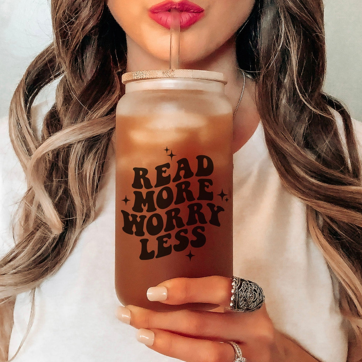 Read More Worry Less Frosted Glass Cup with Bamboo Lid and Reusable Straw | Perfect Bookish Drinkware for Readers - Starry Skies Austin