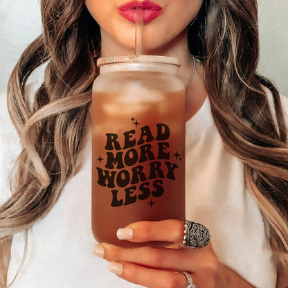 Read More Worry Less Frosted Glass Cup with Bamboo Lid and Reusable Straw | Perfect Bookish Drinkware for Readers - Starry Skies Austin