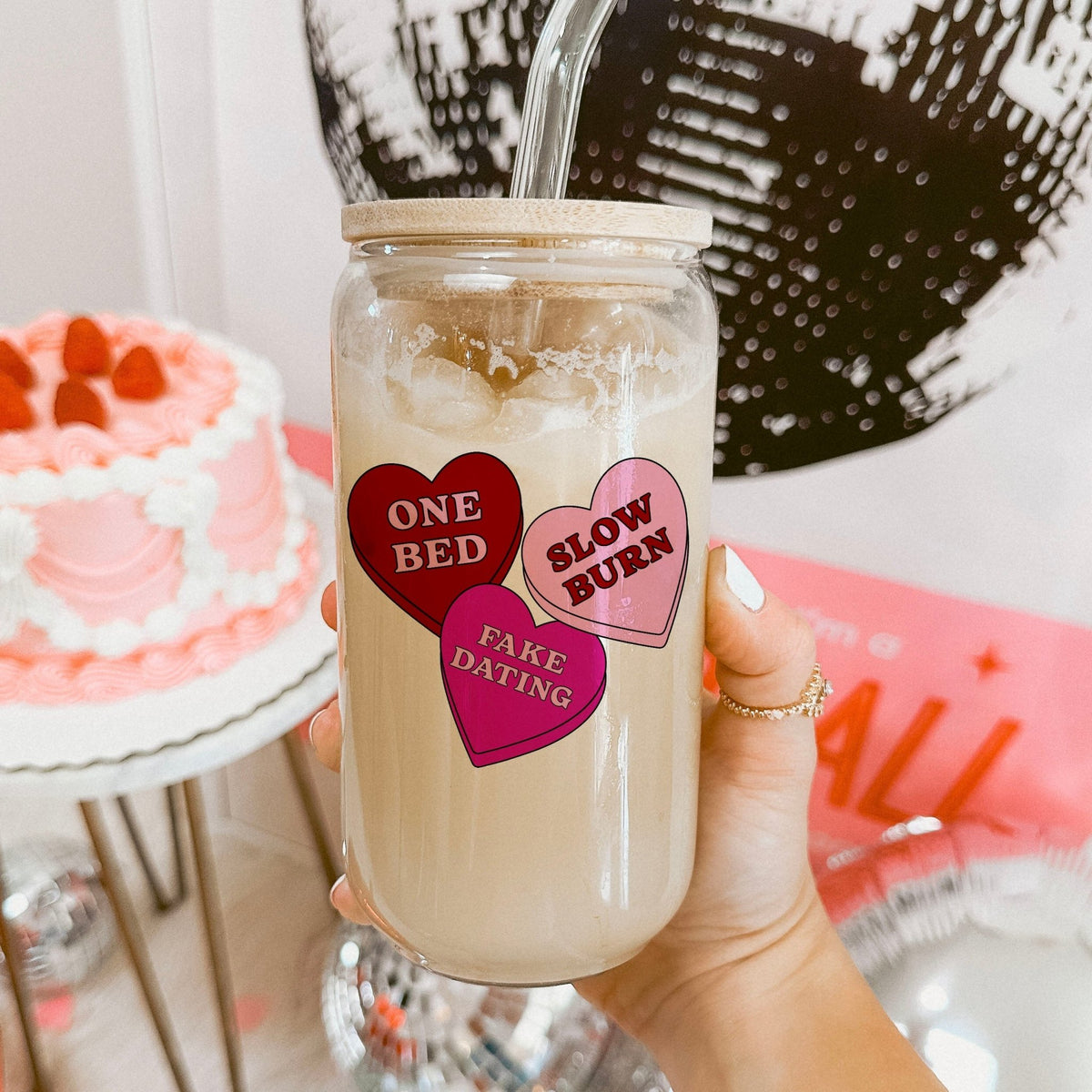 Reader Candy Hearts Clear Glass Cup with Bamboo Lid & Plastic Straw - Starry Skies Austin