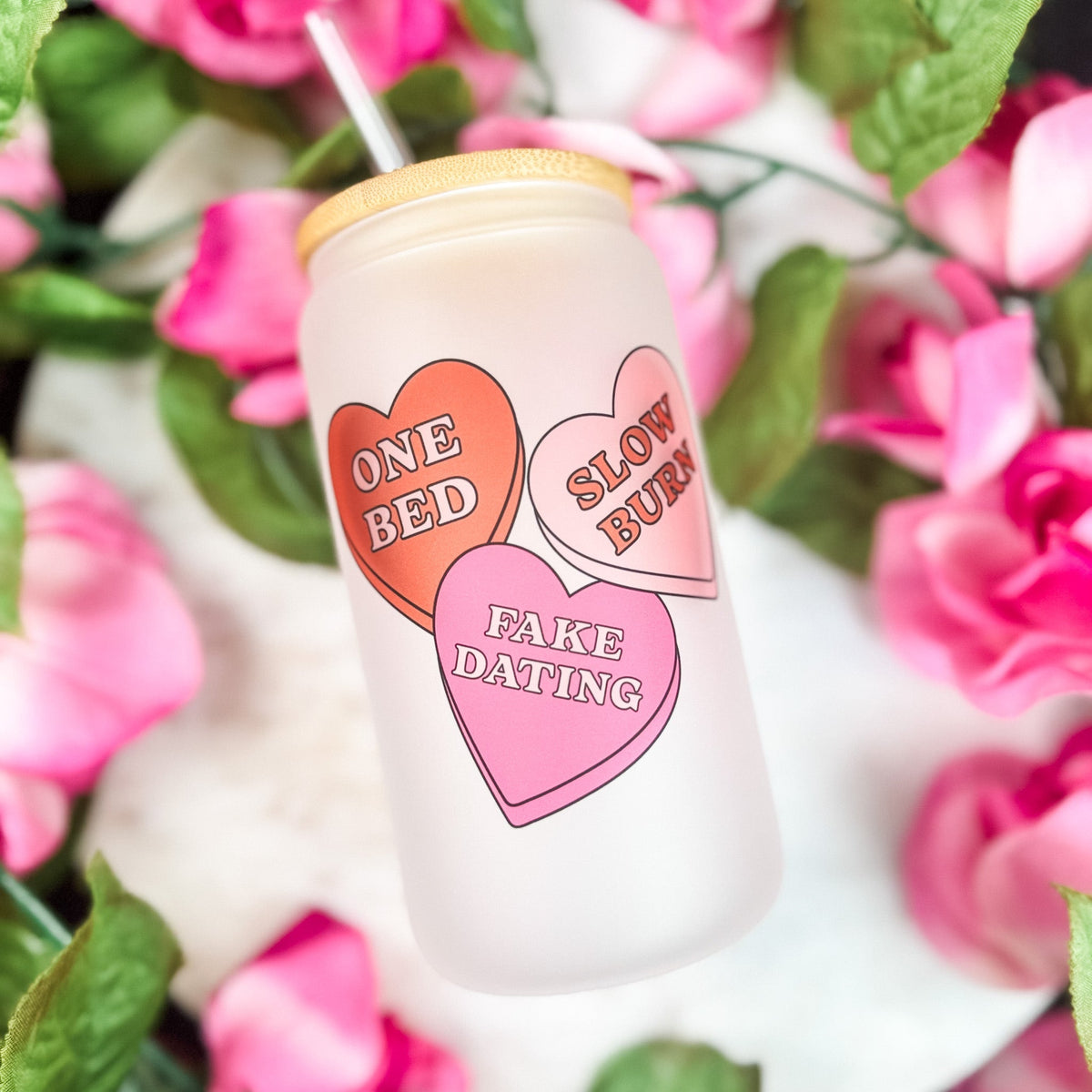 Reader Candy Hearts Frosted Glass Cup with Bamboo Lid & Plastic Straw - Starry Skies Austin