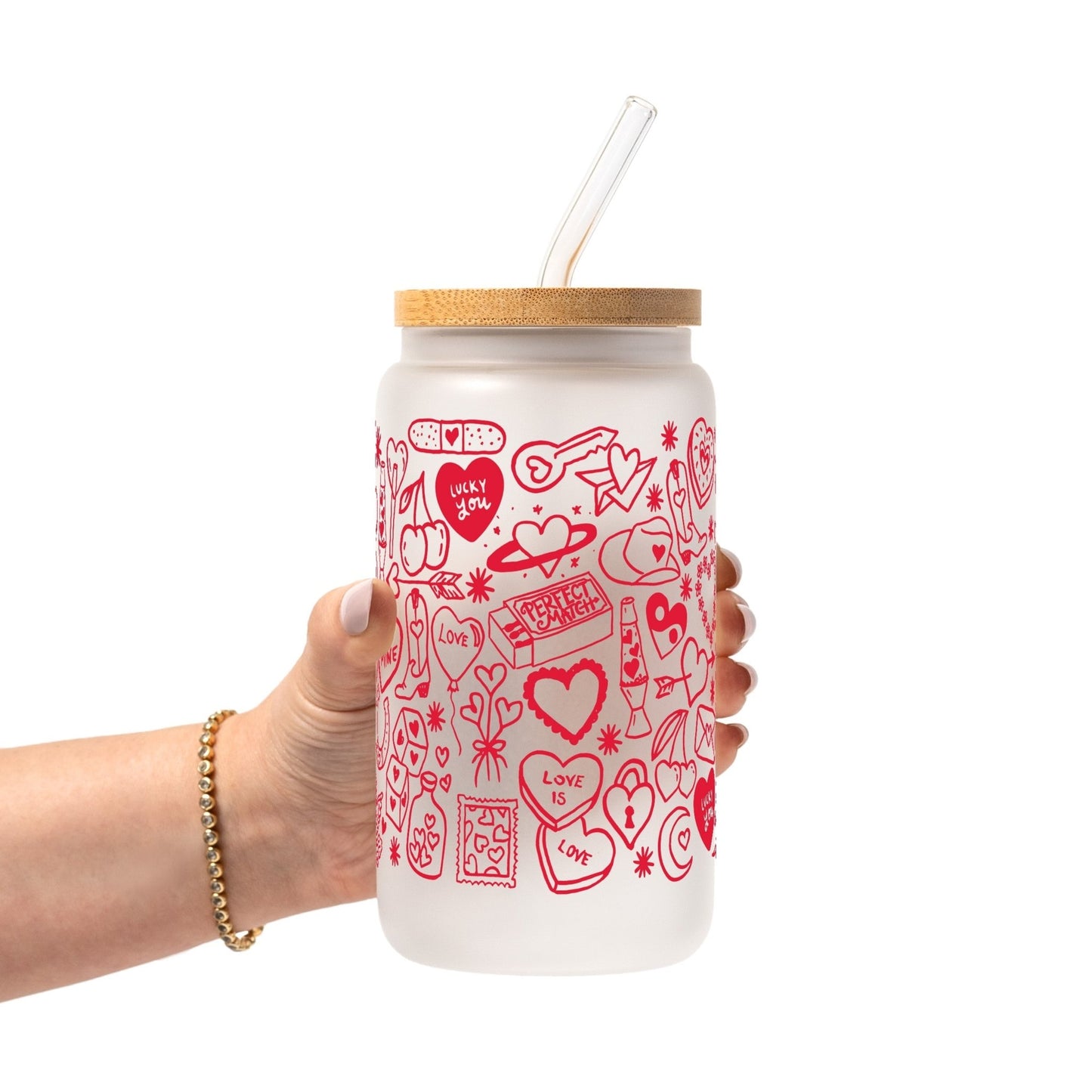 Red Tiny Tattoo Glass Cup, Mug & Tumbler with Lid and Straw - Starry Skies Austin