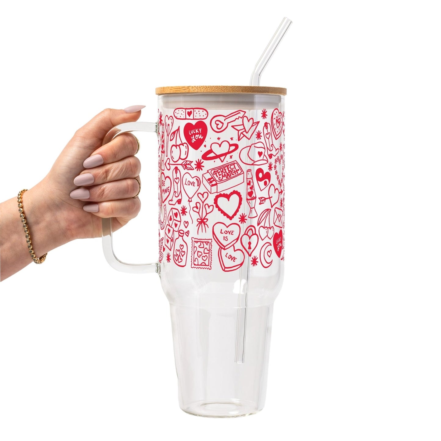 Red Tiny Tattoo Glass Cup, Mug & Tumbler with Lid and Straw - Starry Skies Austin
