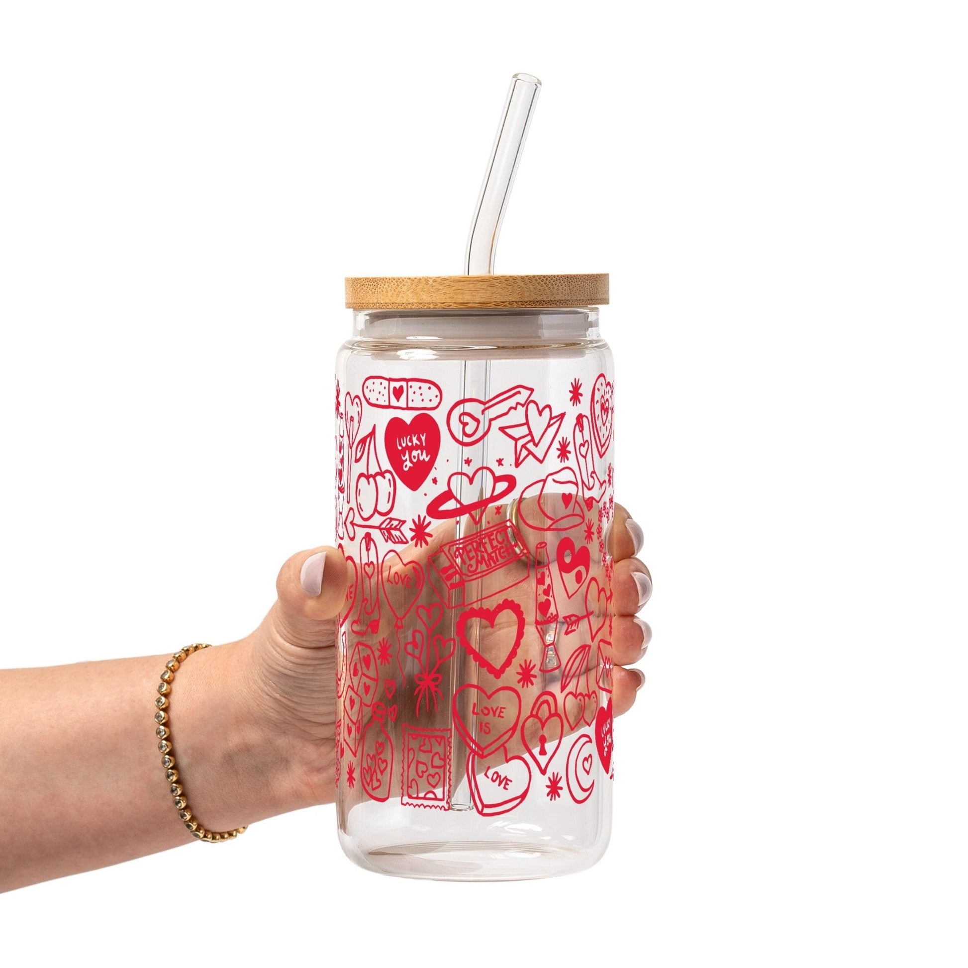 Red Tiny Tattoo Glass Cup, Mug & Tumbler with Lid and Straw - Starry Skies Austin